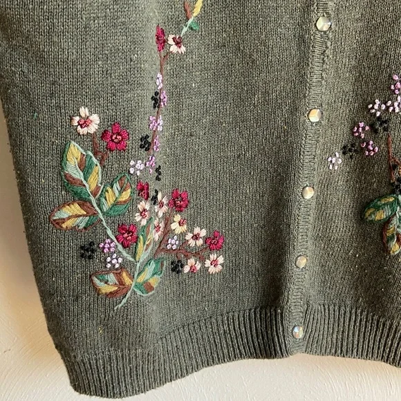 Vintage Tiara Green/Gray Floral Embroidered Cotton/Ramie Cardigan PL - Picture 7 of 14